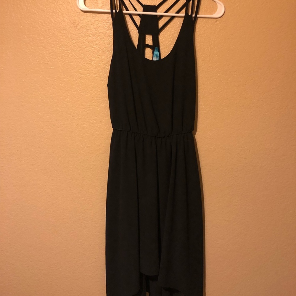 Strappy black high-low fit & flare dress